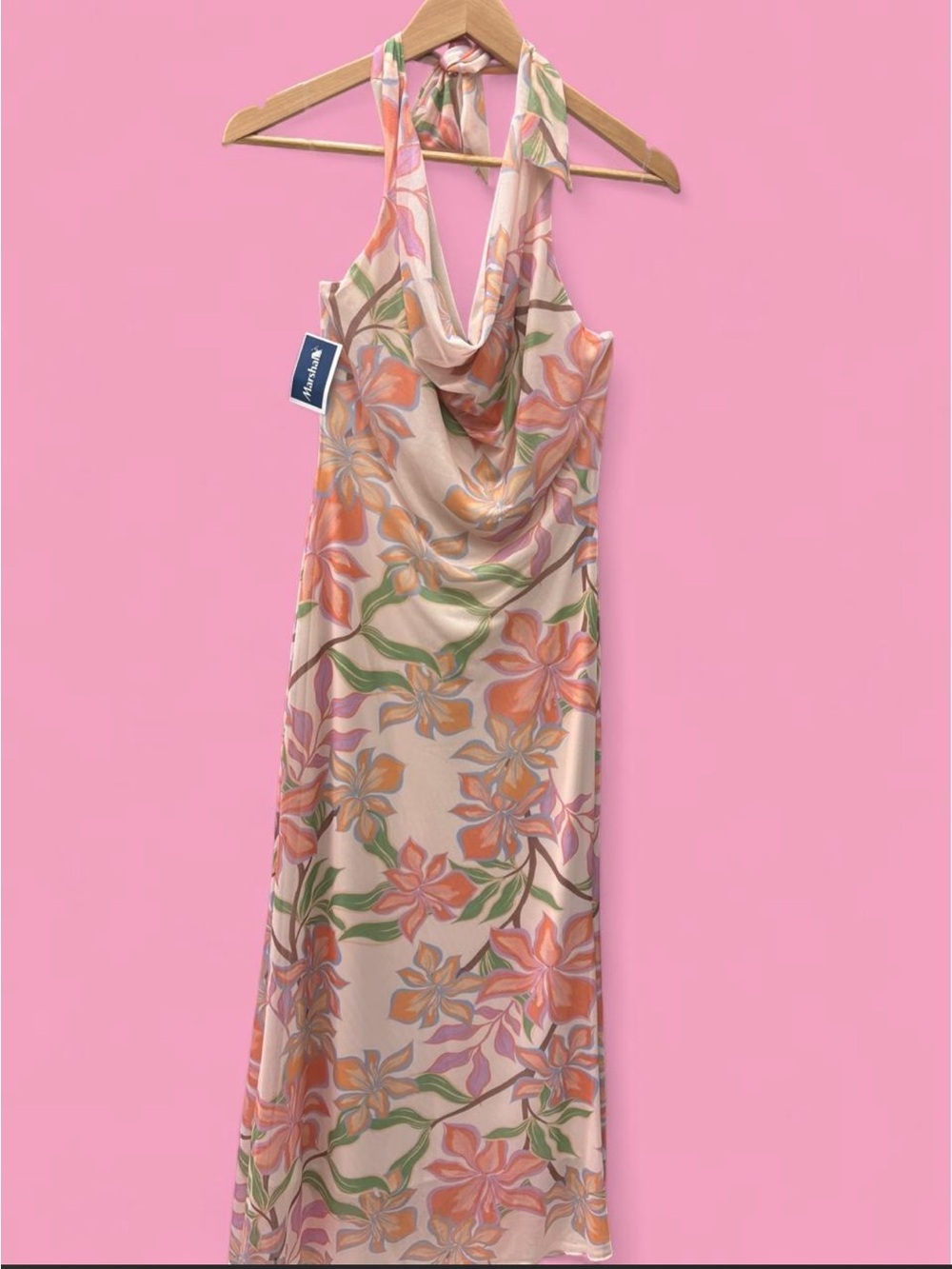 Floral Halter Cowl Neck Maxi Dress - Peach Floral